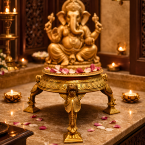 Simha Crest Regal Lion-Leg Brass Chowki Pedestal