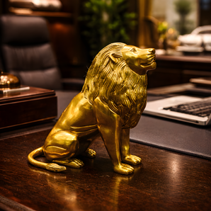 Brass Seated Lion Figurine Regal Wildlife Table Accent