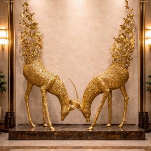 Majestic Twin Deer Installation in Brass | Luxury Lobby & Villa Accent