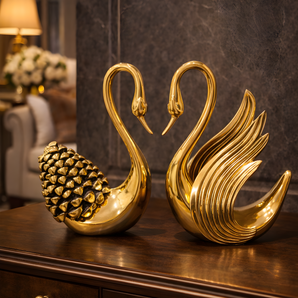 Golden Swan Harmony Sculpture Set – Luxury Brass Décor