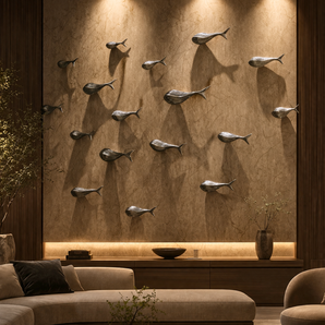 Custom Metallic Fish Wall Installation | Coastal-Inspired Sculptural Decor for Luxury Interiors