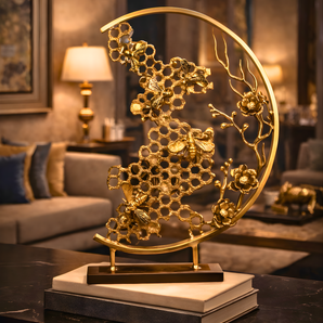 Golden Hive – Brass Bee & Floral Artistic Sculpture