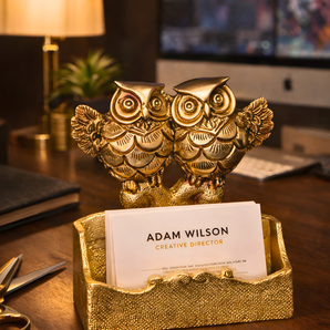 Twin Owl Brass Business Card Holder (5.5 Inches) Wisdom Guardian Desk Artifact