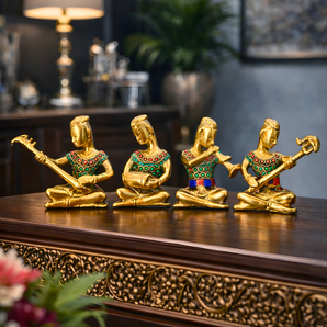 6" Royal Court Musician Brass Sculpture Set | Stone Inlay Miniature Ensemble