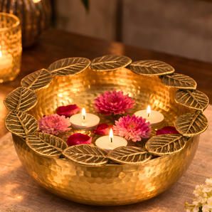 Laurel Leaf Textured Artisan Brass Decorative Bowl Centerpiece