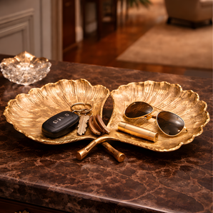 Golden Foliage Duo Sculptural Brass Serving Platter Decor Accent