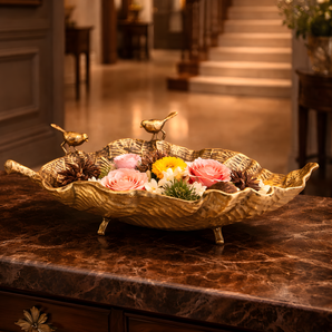 24" Forest Whisper Brass Leaf Platter | Bird Accent Statement Serving Tray