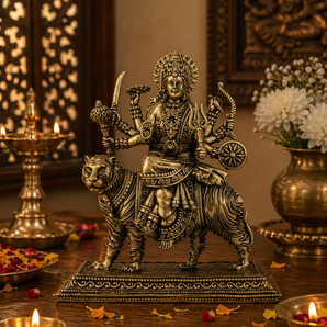Sherawali Durga Tiger-Seated Divine Power Brass Idol