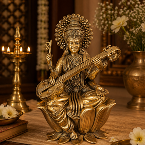 Veena Saraswati Lotus-Seated Brass Idol