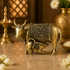 Surabhi Kamadhenu Sacred Brass Cow and Calf Sculpture