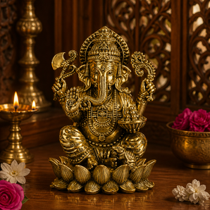 Chaturbhuja Ganesha Lotus-Seated Brass Idol