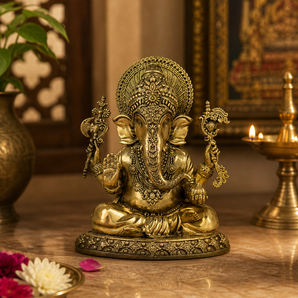 Vakratunda Sacred Seated Brass Ganesha Idol