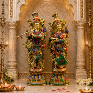 Vrindavan Raas Golden Stonework Radha Krishna Brass Idol
