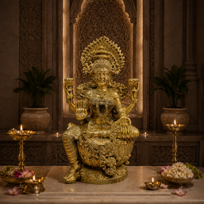 Goddess Lakshmi Lotus-Seated Antique Brass Idol