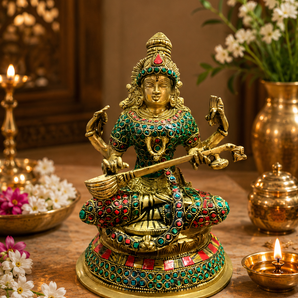 Veena Vani Brass Saraswati Idol | Stone Inlay Heritage Sculpture