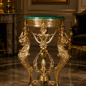 Emerald Crest Brass Accent Table | Malachite Luxe Pedestal Statement