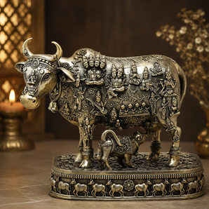 Kamdhenu Sacred Cow Engraved Deities Brass Idol