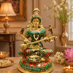 Veena Vani Brass Saraswati Idol | Stone Inlay Heritage Sculpture