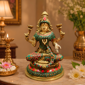 Shri Kamala Brass Lakshmi Idol | Stone Inlay Prosperity Sculpture