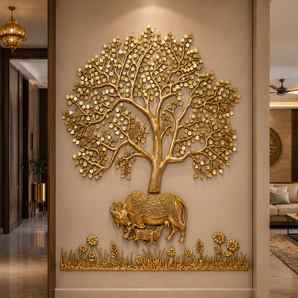 Kamadhenu Vriksha Brass Wall Installation | Sacred Mother & Calf Heritage Ensemble