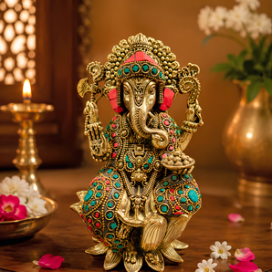 Ratnashree Brass Ganesha Idol | Stone Inlay Auspicious Sculpture