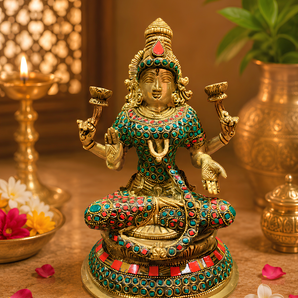 Shri Kamala Brass Lakshmi Idol | Stone Inlay Prosperity Sculpture