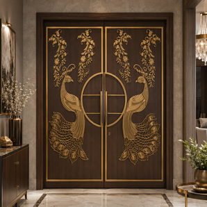 Mayura Dwar Brass Door Overlay | Custom Luxury Peacock Entrance Design