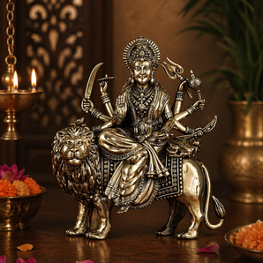 Durga Shakti Lion-Seated Divine Warrior Brass Idol